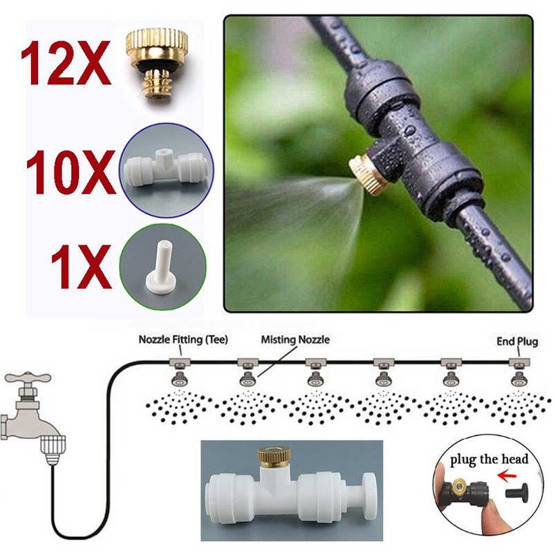 Kit duze pentru aburire Duze pentru ceață Pulverizator pentru tub de 1/4 inch Sistem de aburire pentru terasa Răcire în aer liber Pulverizator cu apă de grădină Mister