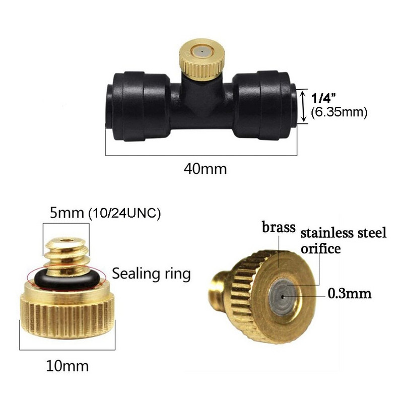 20 DB menetes sárgaréz párásító fúvóka, 0,1-0,8 mm-es nyílású vízpermetező alkatrészek ködfúvóka terasz ködképző rendszerhez kültéri hűtéshez