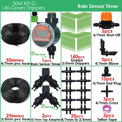 Üvegházhatású automatikus csepegtető öntözés 4/7 mm-től 3/5 mm-ig csepegtető nyíl zöld jeladós öntözőrendszer időzítő vezérlője cserepes kerthez