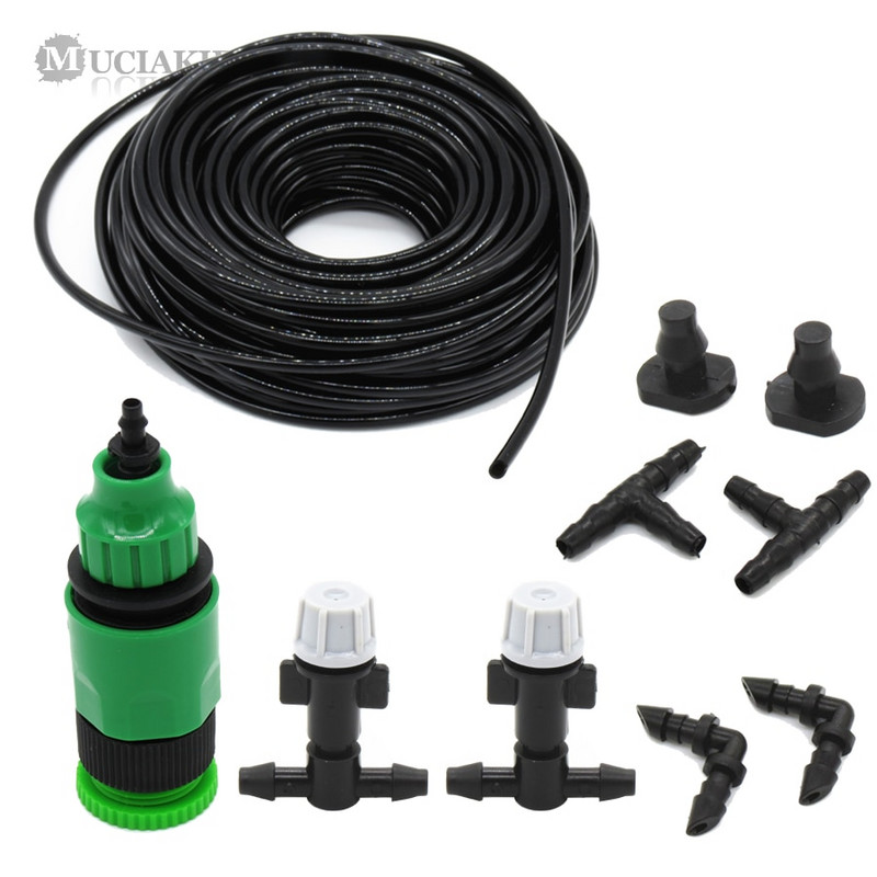 1 kit Sistem de irigare pentru udare cu ceață Răcire cu aburire portabilă Duză automată de apă 10M Cap de pulverizare furtun PVC 4/7mm Conector Tee