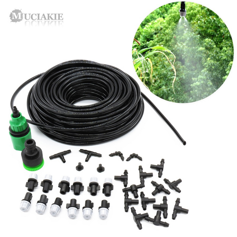 1 kit Sistem de irigare pentru udare cu ceață Răcire cu aburire portabilă Duză automată de apă 10M Cap de pulverizare furtun PVC 4/7mm Conector Tee