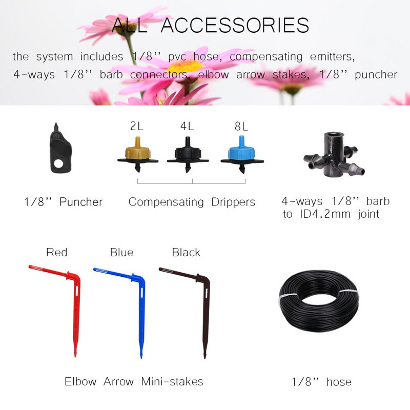 20M 1/8'' Picurator cu mai multe ieșiri Sistem de irigare a plantelor în ghivece Seră prin picurare 3/5mm Săgeată cu 4 căi Emițător în 2 căi Grădină