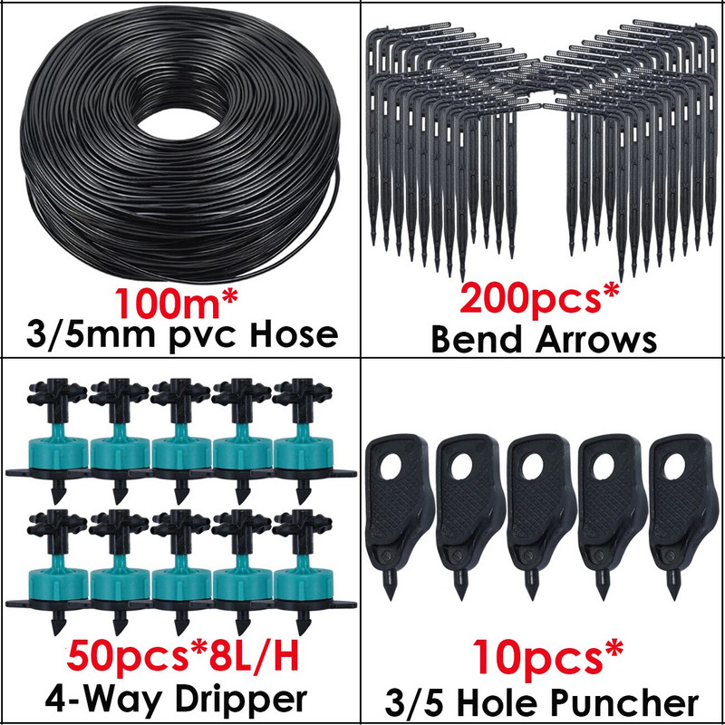 KESLA 8L/H 5-100M automatikus csepegtető öntözés, 4 irányú csepegtető nyíltávadó 3/5 mm-es tömlős öntözőrendszer cserepes bonsai növény üvegház