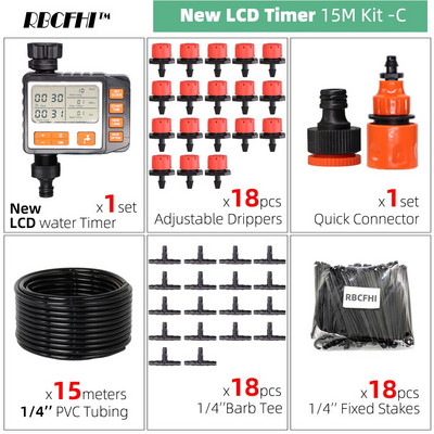 RBCFHI 5-50M nauja automatinė sodo laistymo sistema LCD vandens laikmačio valdiklio laistymo rinkinys Reguliuojamas lašintuvų mikro lašinimo antgalis