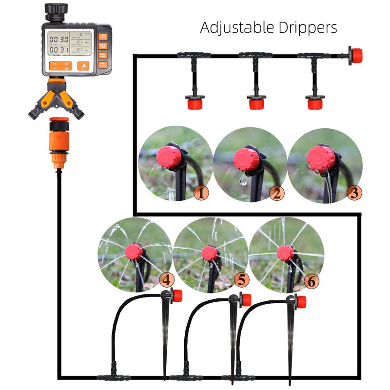 RBCFHI 5-50M nauja automatinė sodo laistymo sistema LCD vandens laikmačio valdiklio laistymo rinkinys Reguliuojamas lašintuvų mikro lašinimo antgalis