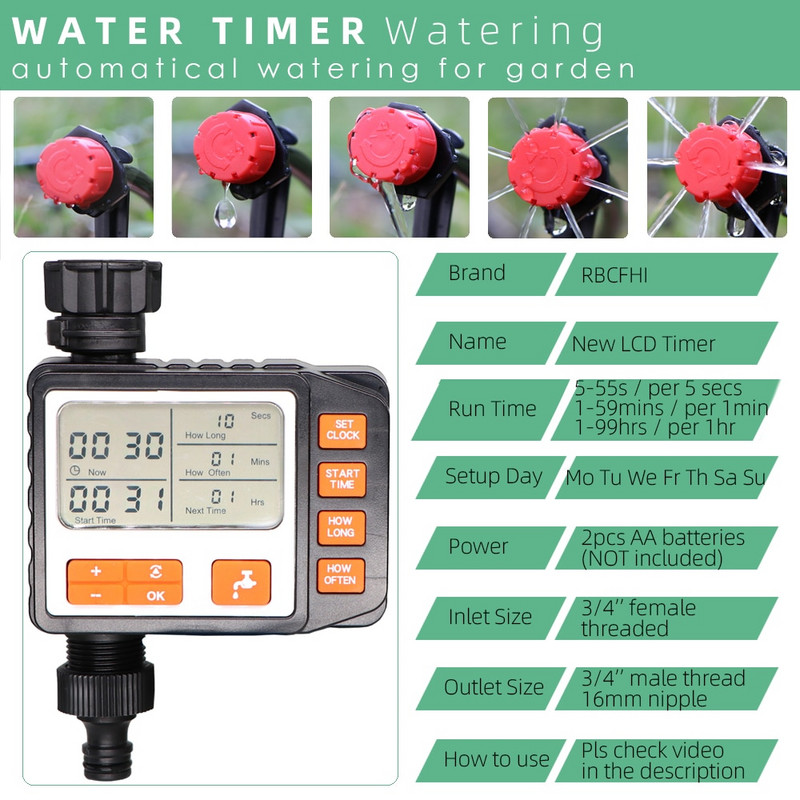 RBCFHI 5-50M nauja automatinė sodo laistymo sistema LCD vandens laikmačio valdiklio laistymo rinkinys Reguliuojamas lašintuvų mikro lašinimo antgalis