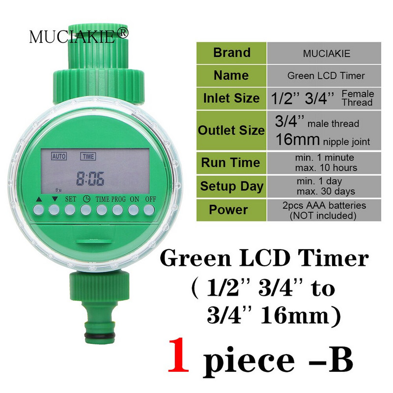 MUCIAKIE 5 fajta kerti vízidőzítő esőérzékelő szoláris LCD dupla tárcsás vezérlő öntözés öntözés 1/2'' 3/4'' csapos csatlakozás