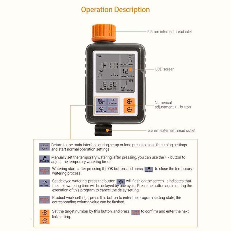Cronometru pentru irigare, automat programabil, digital, impermeabil, pentru exterior, cu ecran mare de 3 inchi, Ip65, sistem de udare a gazonului.