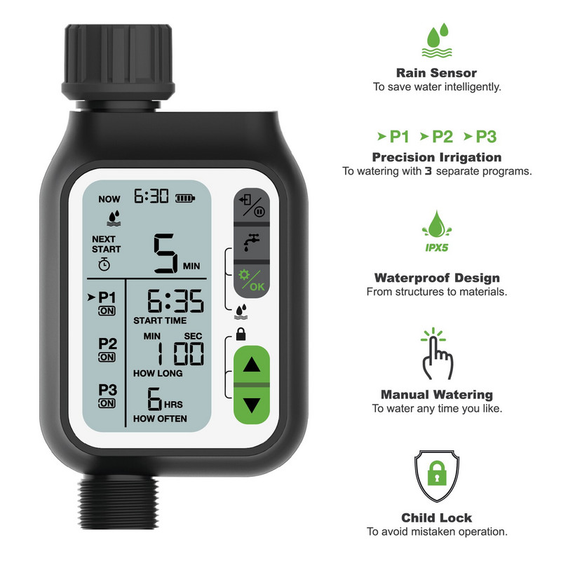 Skaitmeninis laistymo vandens laikmatis Sodo lašelių priedai Purkštuvų laikmačio programa Išmanusis lietaus jutiklis Visą sezoną Naudojimas lauke