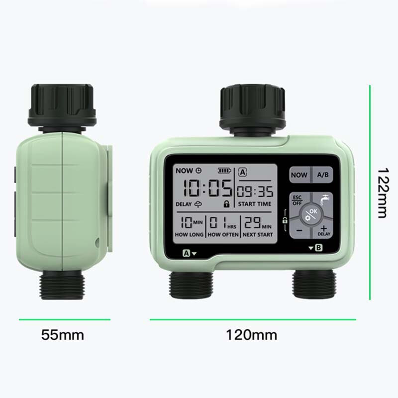 Suure ekraaniga niisutuskontroller välistingimustes 2 tsooniga programmeeritav aiavee taimer Automaatne niisutussüsteemi kontroller