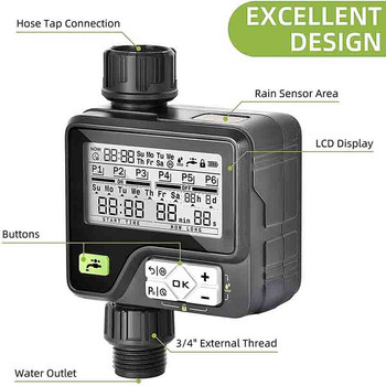 Автоматичен LCD дисплей Таймер за поливане Контролер за градинско напояване със сензор за дъжд 6 отделни програми Таймер за вода