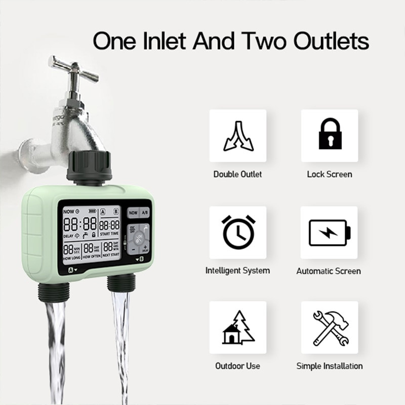 2 išleidimo angų vandens laikmatis Super laiko nustatymo sistema Tiksliai laistyti lauko automatinis laistymas, visiškai reguliuojama programa