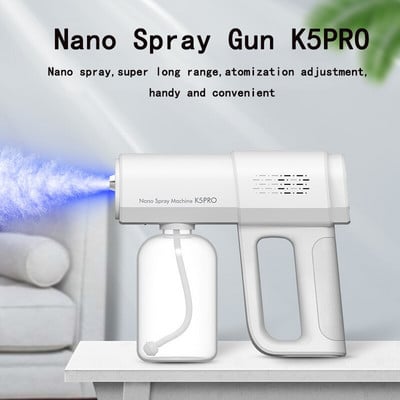 K5PRO Πιστόλι ψεκασμού Nano Disinfection Spray Gun Blue Light Alcohol USB Επαναφορτιζόμενο πιστόλι απολύμανσης ψεκασμού για το σπίτι κήπου