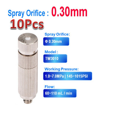 10 DB nagynyomású permetező fúvóka száraz köd köd kerámia permetező magfúvóka párásításhoz hűtéshez Nikkelezett sárgaréz 0,1-0,8 mm