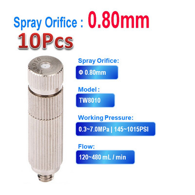 10 DB nagynyomású permetező fúvóka száraz köd köd kerámia permetező magfúvóka párásításhoz hűtéshez Nikkelezett sárgaréz 0,1-0,8 mm