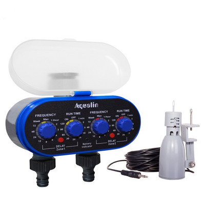 Rutulinio vožtuvo elektroninis dviejų išėjimų keturių ratukų vandens laikmatis su lietaus jutikliu sodo laistymo sistema sodui, kiemas #21032R