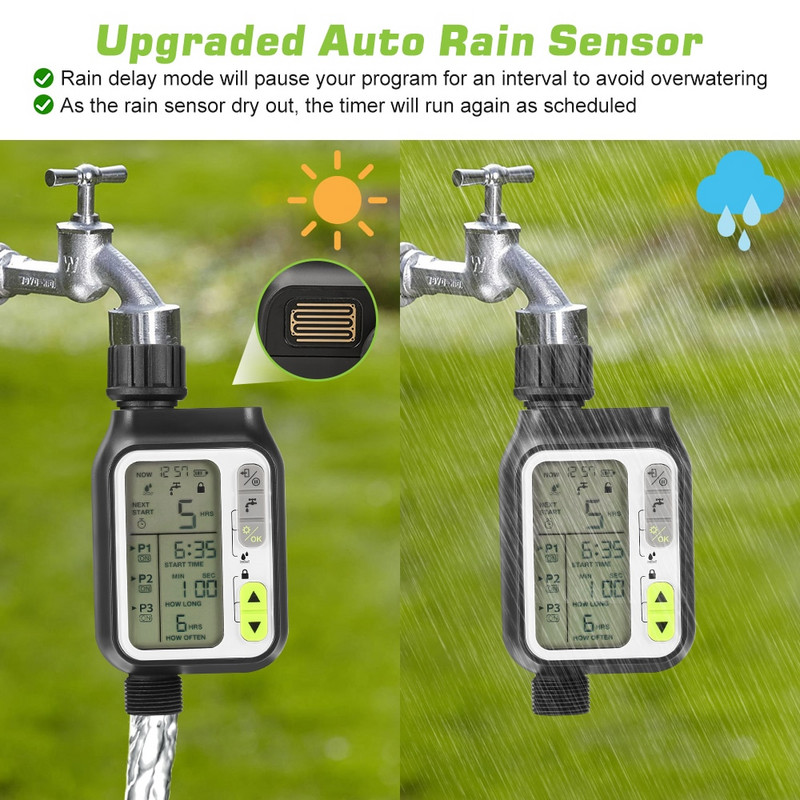 Temporizator de apă automat Temporizator de stropire cu senzor de ploaie/blocare pentru copii/mod de udare automat și manual/impermeabil IP65, furtun de gazon de grădină F