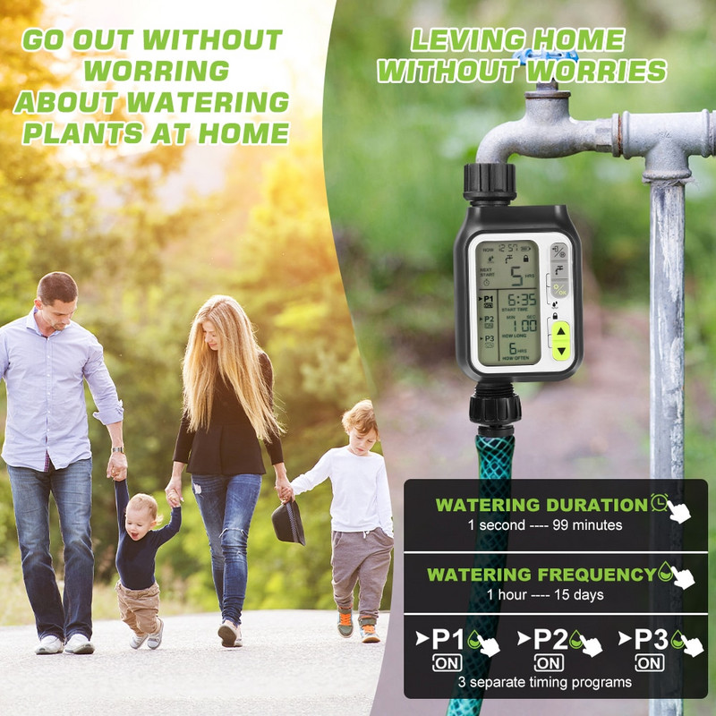Temporizator de apă automat Temporizator de stropire cu senzor de ploaie/blocare pentru copii/mod de udare automat și manual/impermeabil IP65, furtun de gazon de grădină F