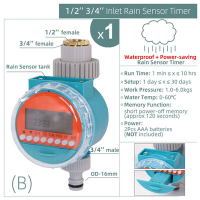 1 db vízidőzítő esőérzékelő napelemes LCD dupla tárcsás golyósszelep vezérlő kerti öntözés öntözés 1/2''3/4'' csapos csukló mágnesszelep