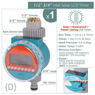1 db vízidőzítő esőérzékelő napelemes LCD dupla tárcsás golyósszelep vezérlő kerti öntözés öntözés 1/2''3/4'' csapos csukló mágnesszelep