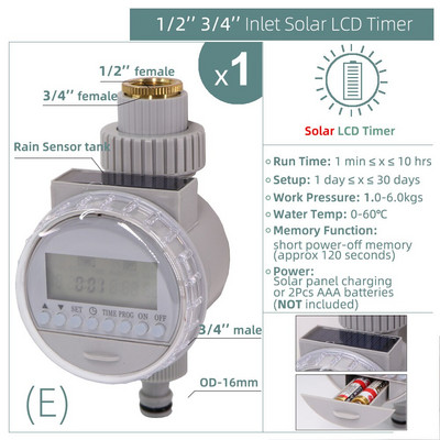 1 db vízidőzítő esőérzékelő napelemes LCD dupla tárcsás golyósszelep vezérlő kerti öntözés öntözés 1/2''3/4'' csapos csukló mágnesszelep