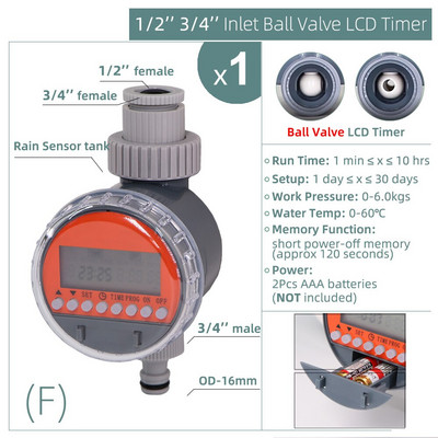 1 db vízidőzítő esőérzékelő napelemes LCD dupla tárcsás golyósszelep vezérlő kerti öntözés öntözés 1/2''3/4'' csapos csukló mágnesszelep
