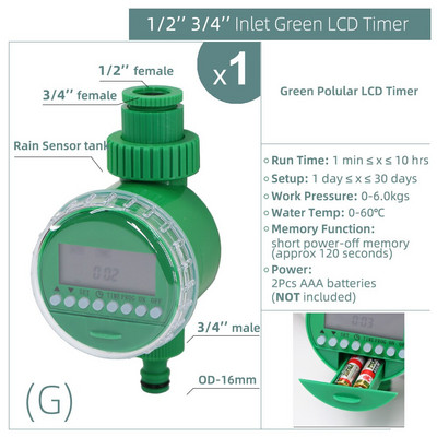 1 db vízidőzítő esőérzékelő napelemes LCD dupla tárcsás golyósszelep vezérlő kerti öntözés öntözés 1/2''3/4'' csapos csukló mágnesszelep