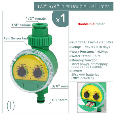 1 db vízidőzítő esőérzékelő napelemes LCD dupla tárcsás golyósszelep vezérlő kerti öntözés öntözés 1/2''3/4'' csapos csukló mágnesszelep