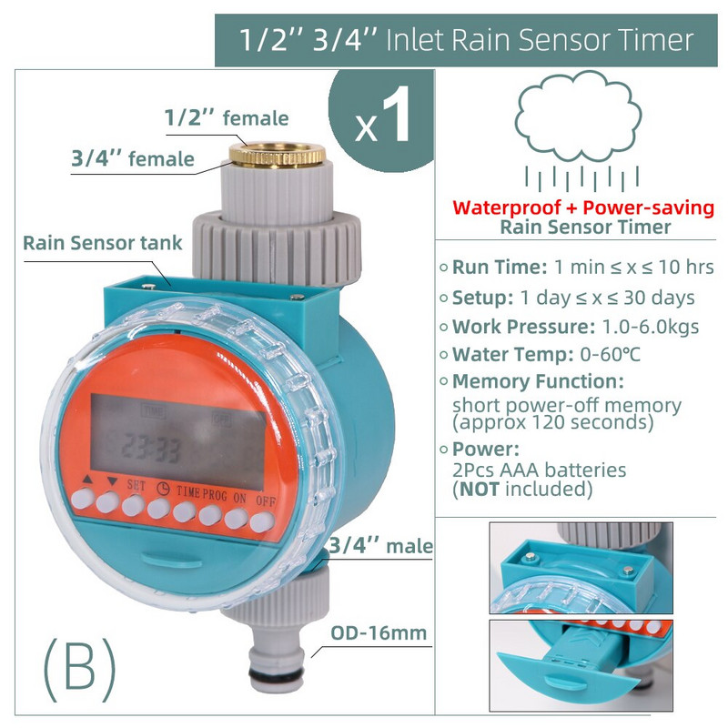 1 db vízidőzítő esőérzékelő napelemes LCD dupla tárcsás golyósszelep vezérlő kerti öntözés öntözés 1/2''3/4'' csapos csukló mágnesszelep