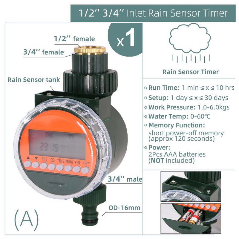 1 db vízidőzítő esőérzékelő napelemes LCD dupla tárcsás golyósszelep vezérlő kerti öntözés öntözés 1/2''3/4'' csapos csukló mágnesszelep