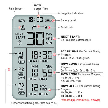 Κήπος Αυτόματη άρδευση με σταγόνες Χρονοδιακόπτης ποτίσματος Ηλεκτρονικός ψηφιακός ελεγκτής συστήματος άρδευσης Αισθητήρας βροχής Κλείδωμα για παιδιά Ξεχωριστή