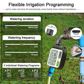 Таймер за маркуч със сензор за дъжд, Таймер за поливане с 3 отделни програми, Система за автоматично поливане на градината, Голям LCD екран