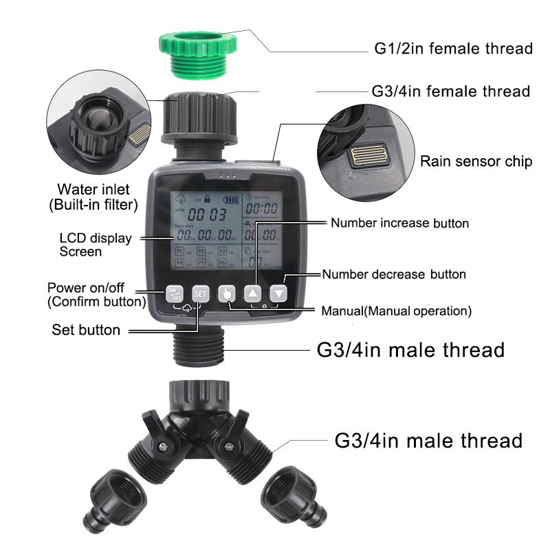 Temporizator de udare automat Controler inteligent de irigare cu senzor de ploaie Grădină în aer liber IPX5 Dispozitiv LCD rezistent la apă prin picurare