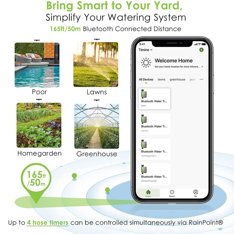 Temporizator robinet inteligent pentru stropire cu furtun Bluetooth cu moduri de irigare și pulverizare, sistem de irigare fără fir cu debitmetru de apă