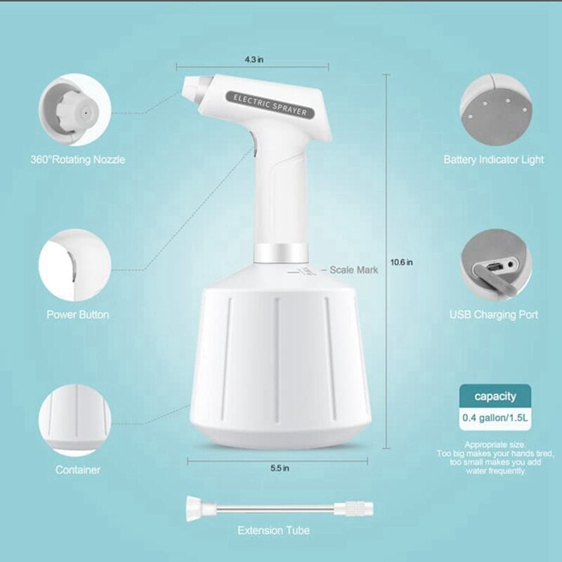 1,5 l elektrinis laistytuvas, įkraunamas alternatyvus siurblio purkštuvas su reguliuojamu vandens rūko antgaliu augalams, sodui