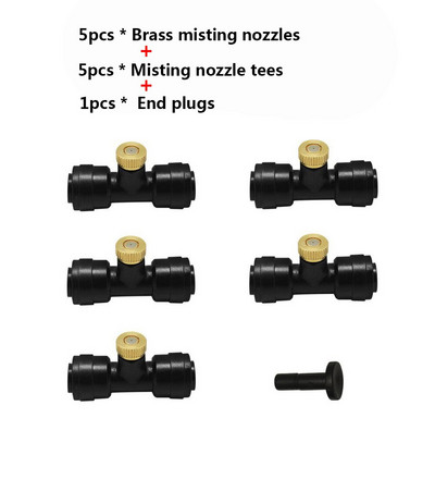 Sárgaréz párásító fúvókák, 1/4"-es csúszózáras fúvóka menetes párásító fúvóka dugókkal a kültéri hűtőrendszerhez, terasz ködképző rendszerhez