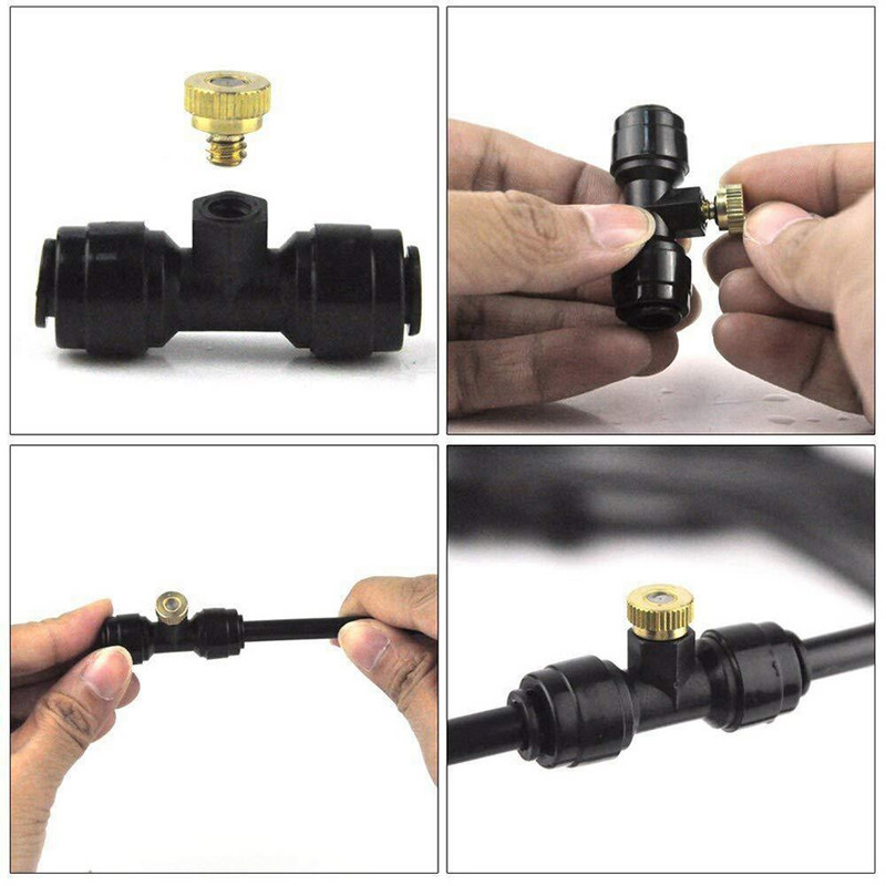 Sárgaréz párásító fúvókák, 1/4"-es csúszózáras fúvóka menetes párásító fúvóka dugókkal a kültéri hűtőrendszerhez, terasz ködképző rendszerhez