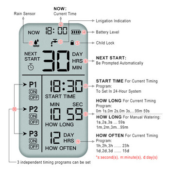 Ελεγκτής άρδευσης νερού κήπου 3,5 \'HD οθόνη ποτίσματος χρονοδιακόπτης αυτόματου αισθητήρα βροχής Ελεγκτής συστήματος άρδευσης Smart Home