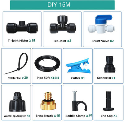 15M/20M DIY Misters külső terasz párásító hűtőrendszerhez készlet 15/20db sárgaréz fúvókával ventilátoros üvegházhatású kerti esernyőkhöz
