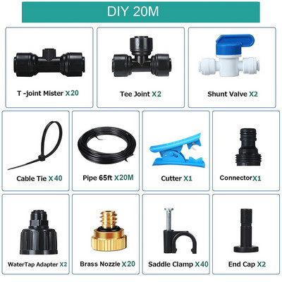 15M/20M DIY Misters külső terasz párásító hűtőrendszerhez készlet 15/20db sárgaréz fúvókával ventilátoros üvegházhatású kerti esernyőkhöz