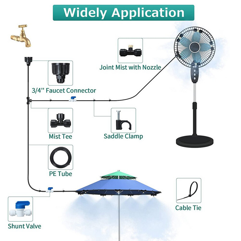 15M/20M DIY Misters külső terasz párásító hűtőrendszerhez készlet 15/20db sárgaréz fúvókával ventilátoros üvegházhatású kerti esernyőkhöz