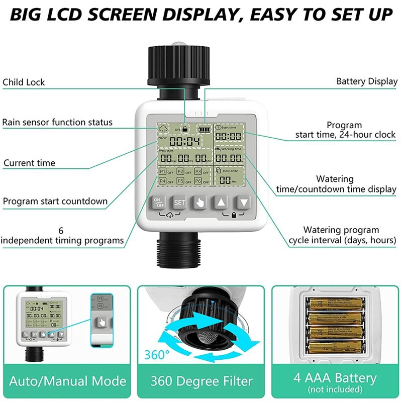 Lietaus jutiklio laistymo valdiklio sistemos laistymo įrenginys 6 programos Skaitmeninis laistymo laikmatis, skirtas sodo automatiniam laistymui