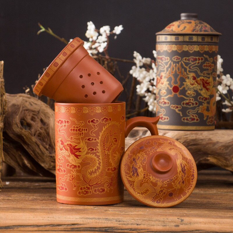 Cana de ceai din argilă violetă retro Yixing Dragon Phenix, cu capac și infuzor, ceașcă de ceai din ceramică lucrată manual, ceașcă cu apă pentru birou, cadou pentru acasă.