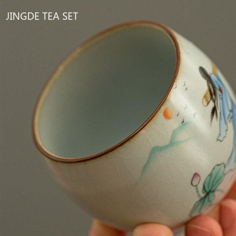 Kínai Retro Ru kemence kerámia teáscsésze Lotus Pattern kávéscsésze utazási hordozható teástál kézzel készített teáskészlet Master Cup 90 ml
