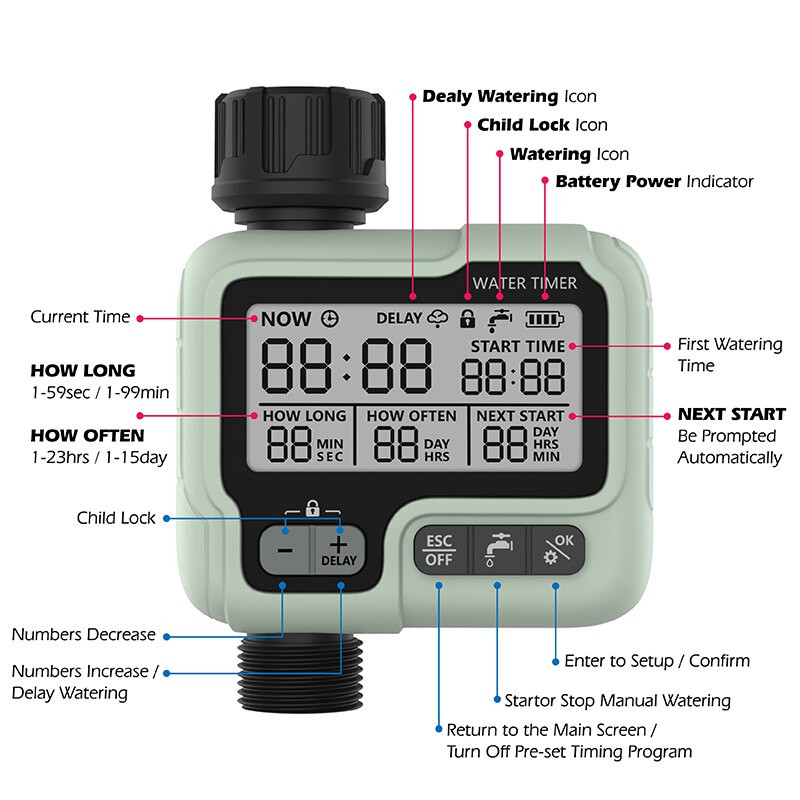 Elektroninis didelis LCD ekranas Automatinė laistymo sistema Sodo vandens laikmatis su 3/4 1/2 žarnos čiaupo jungtimi
