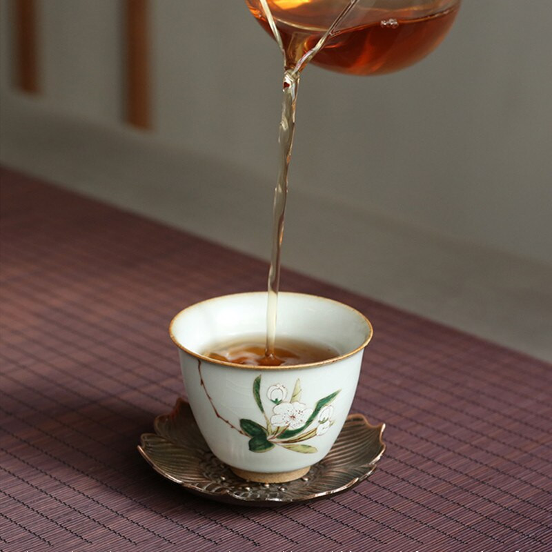 Boutique Ru Kiln keramikinis arbatos puodelis Kelioninis meditacijos puodelis rankomis dažytas gėlių raštas arbatos dubuo Pu'er Master puodelis arbatos rinkinio priedai