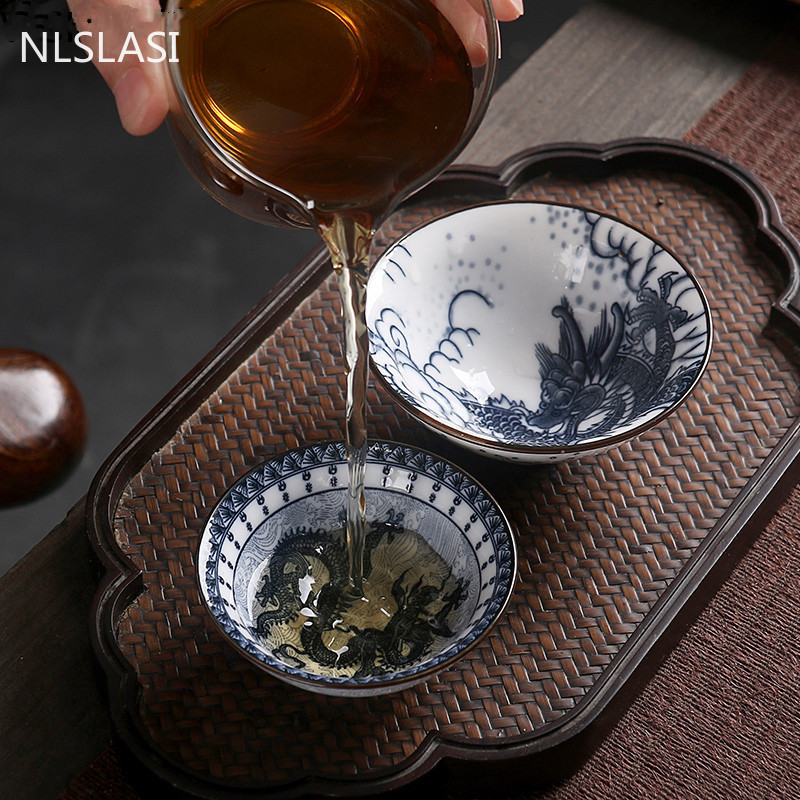 NLSLASI kiniškas keramikinis arbatos rinkinys arbatos rinkinys Mažas arbatos puodelis Vienas puodelis Mėlynos ir baltos spalvos porcelianinis puodelis asmeninis puodelis puodelis Master Cup