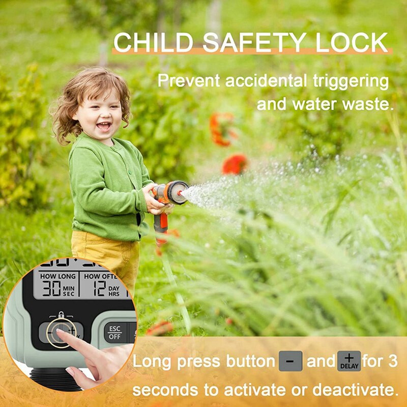 Tömlő időzítő, automatikus öntözési időzítő kertekhez, locsoló időzítő esőkésleltetéssel / gyerekzár / IP65 vízálló