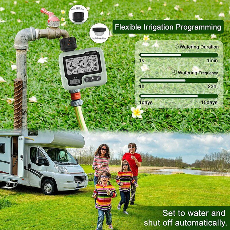 Tömlő időzítő, automatikus öntözési időzítő kertekhez, locsoló időzítő esőkésleltetéssel / gyerekzár / IP65 vízálló