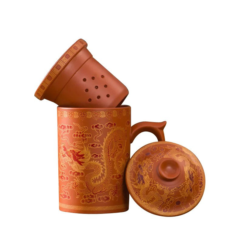 Cană de ceai din lut violet retro Yixing Dragon Phenix cu capac și infuzor, ceașcă de ceai din ceramică lucrată manual, ceașcă cu apă pentru birou, cadou pentru acasă.
